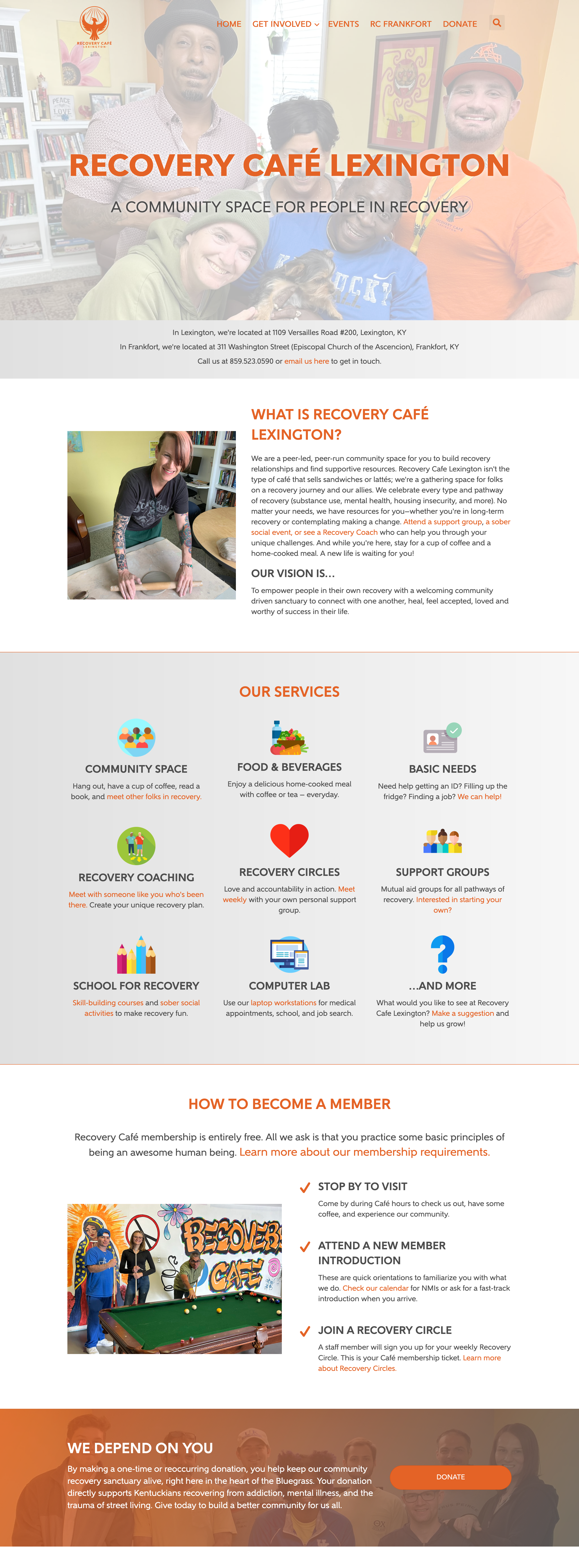 Recovery Café Lexington website homepage design screenshot